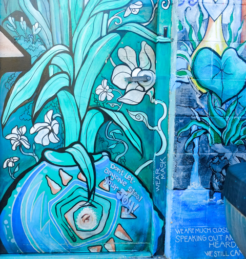 't let anyone steal your joy, words on mural, among flowers and a flowering plant with big green leaves