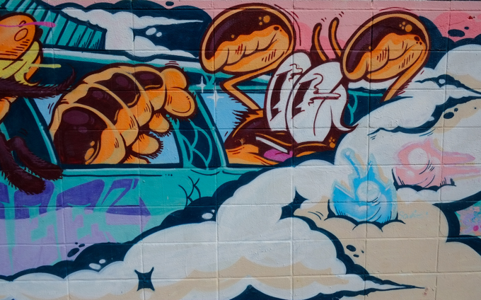 lobster with human facial features, big claw hands, riding in back of fish boat, looking unhappyin a mural, by jahjahjitsu,