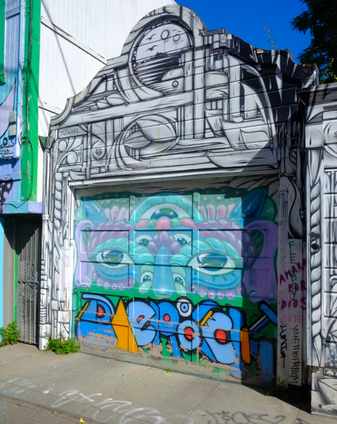 mural on a garage covering whole front and door in an alley