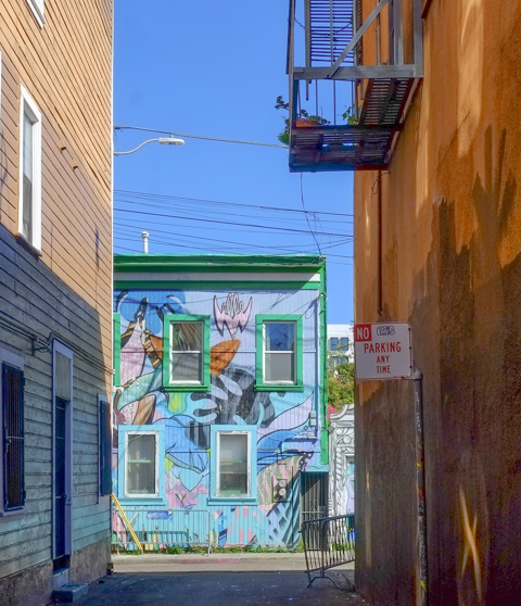 looking down an alley, at a house that is covered with a blue mural