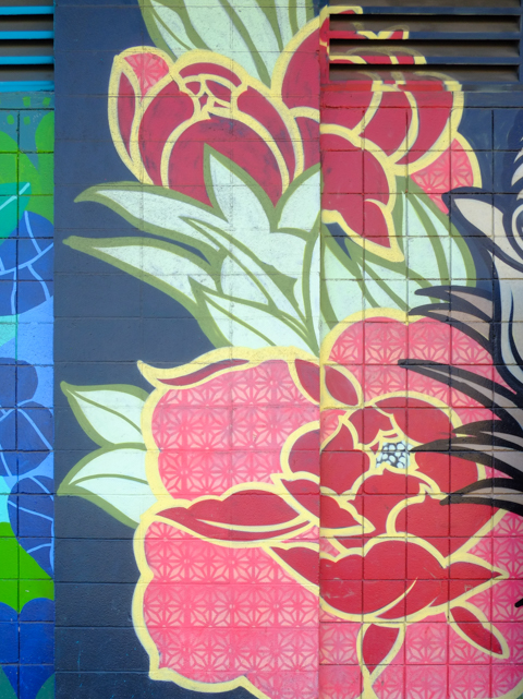 mural, bright red and pink flowers, by cody ferguson and lucky olelo