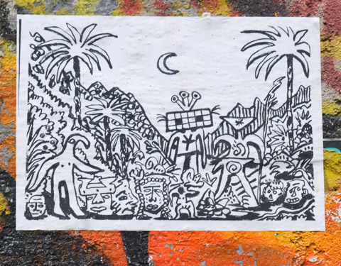 black and white drawing, poster, pasted to exterior wall in Naples