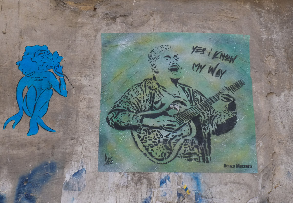 greenish coloured poster of an older man playing a guitar with text, "yes I know my way". by Renzo Mezzetti, 