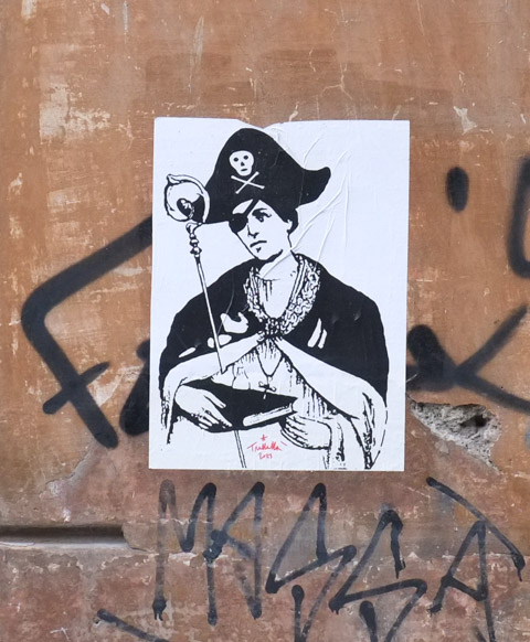 trallalla graffiti, black and white drawing of bishop wearing a pirate hat, 