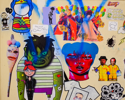 slaps, stickers, and paste ups on a laneway door, wonder woman, trp 613, monster party, breaking bad, lego, green monster, drecks, 