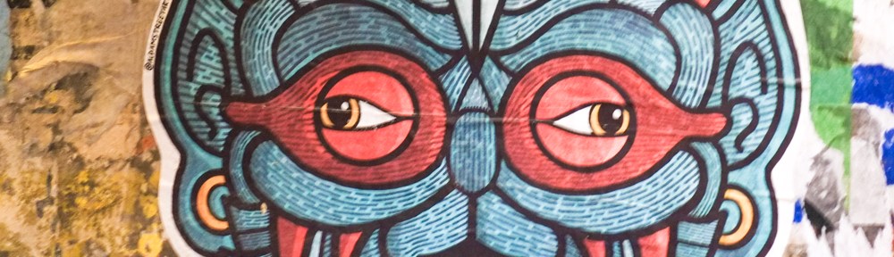 red eyes on blue face, drawn with curvy lines, my aidam or aldam street art, paper graffiti in naples italy