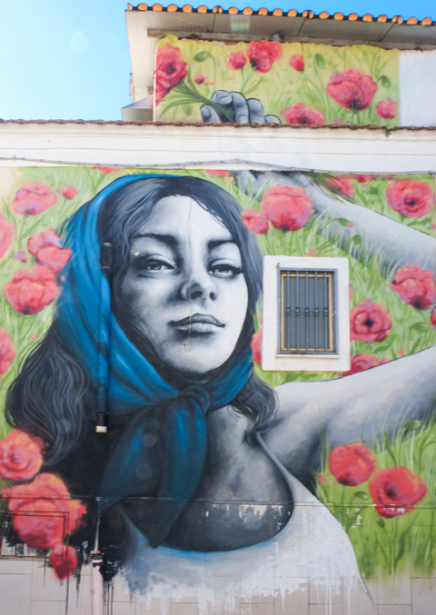 mural by Zabou of a young woman with long black hair and a blue head scarf, lying in a field of red poppies