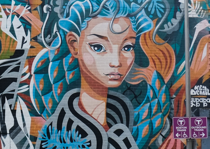 close up of part of mural by yu-baba and key detail in ynn massachusett, 