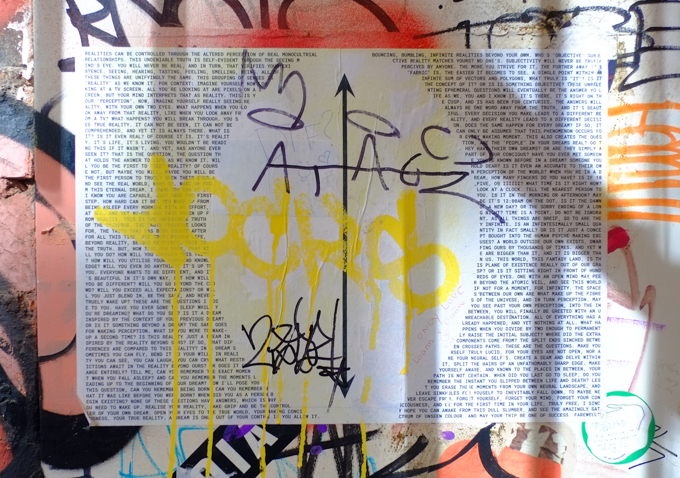 street art in ACDC lane, central Melbourne, typed text, with scribbles in black and yellow on top