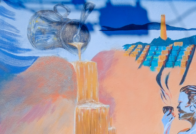 coffee pot and spoon, pouring coffee, street art mural