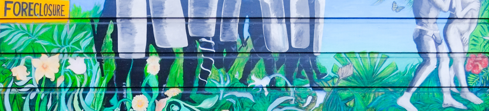 part of a mural in Balmy Alley about the gentrification of the Mission District. this image plays on the motif of adam and eve being expelled from the garden of eden, but by policemen