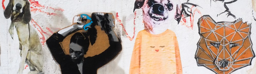 4 paste ups on a wall in cologne germany, two dogs, a woman tying up her hair and a bear's head made with brown geometric shapes