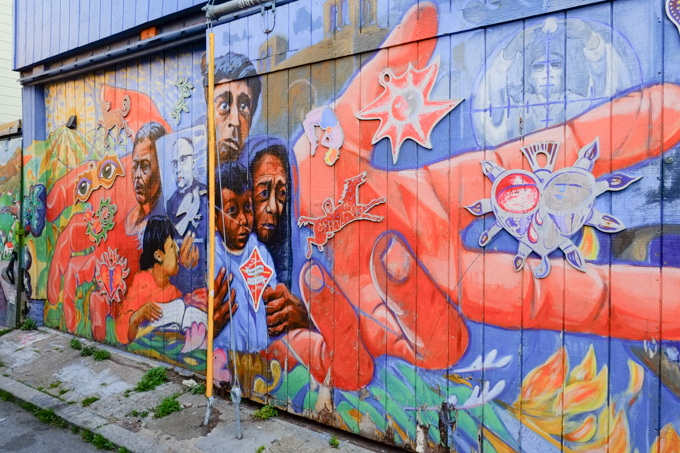  mural that is tribute of El Salvador Archbishop Oscar Romero who was murdered 24 March 1980, as well as the people killed at his funeral