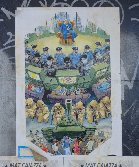 anti police corruption poster showing mayor, and government, shielded from the public by many layers of police and armed police