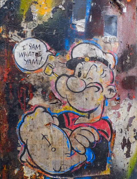 urban art in AC DC lane in Melbourne, popeye the sailor man cartoon character
