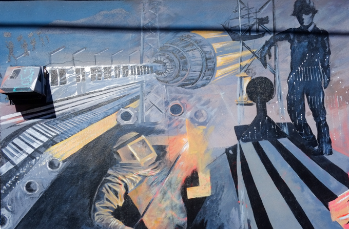 part of mural, BART train but with rocket engines, lights of the Golden Gate bridge,a welder, a sailing ship, a man wearing hat, 