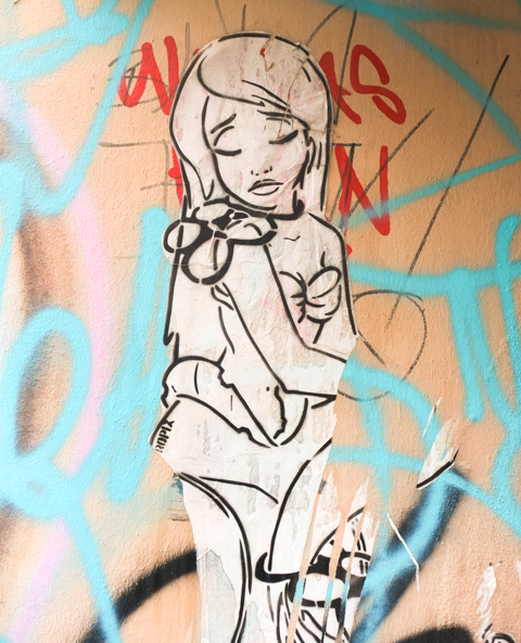 paper paste up, line drawing of young girl