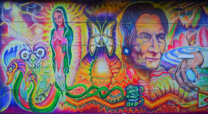 mural, Madonna, dragon, butterfly in center, symbols, woman's portrait, bright colours
