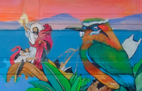 part of a mural by Dallas Hyatt, religious scene with large bird, water