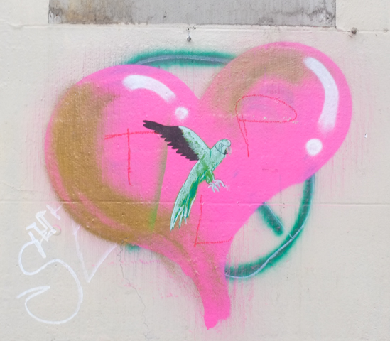 pink heart painted on grey wall, with image of parakeet in the middle