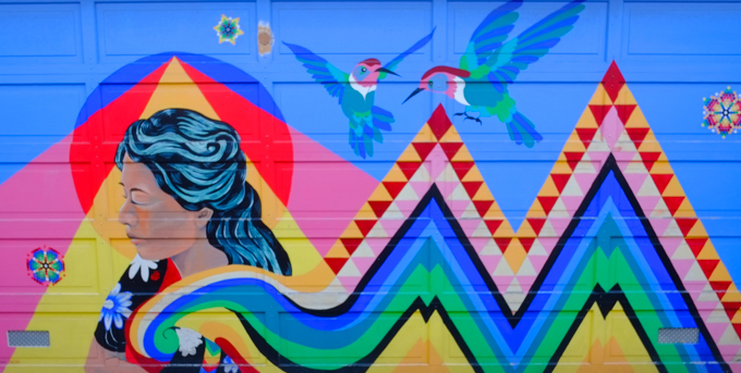 woman, with zigzag pattern, mural