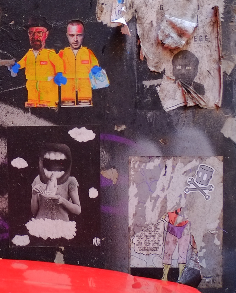 graffiti, two LEGO men from Breaking Bad in yellow jumpshuits, torn paste ups, a person with very large oopen mouth is about to eat  with cup and saucer in her hand