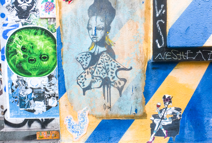 slaps, stickers, and other pasteups on a wall Heliosstrasse in Cologne