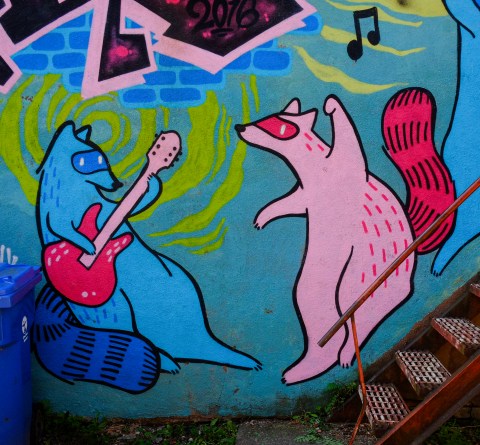 Part of an Emily May Rose painting of raccoons dancing