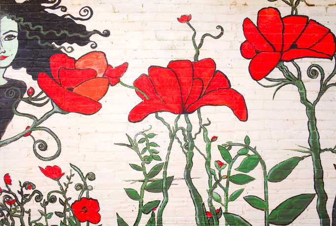 a young woman's face and some bright red poppies, a mural