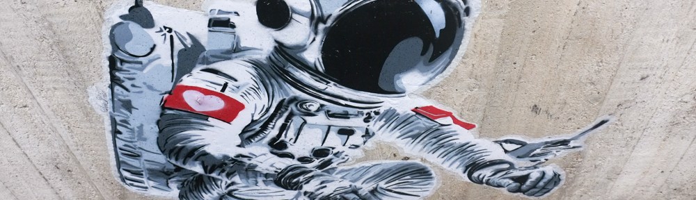 part of black and white stencil by Seileise, astronaut holding out hand for a chickadee bird