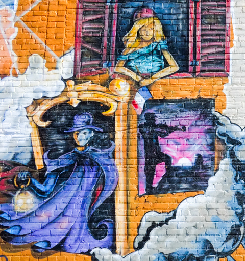 stage and theatre theme vignettes in a larger mural