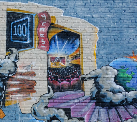 stage and theatre theme vignettes in a larger mural