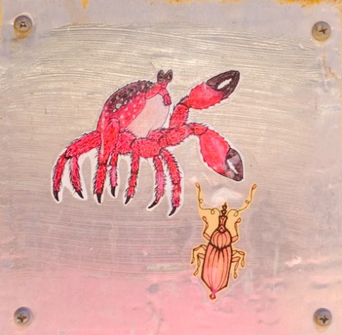 two graffiti piecess side by side, a red crab with big front pincers and a smaller beetle