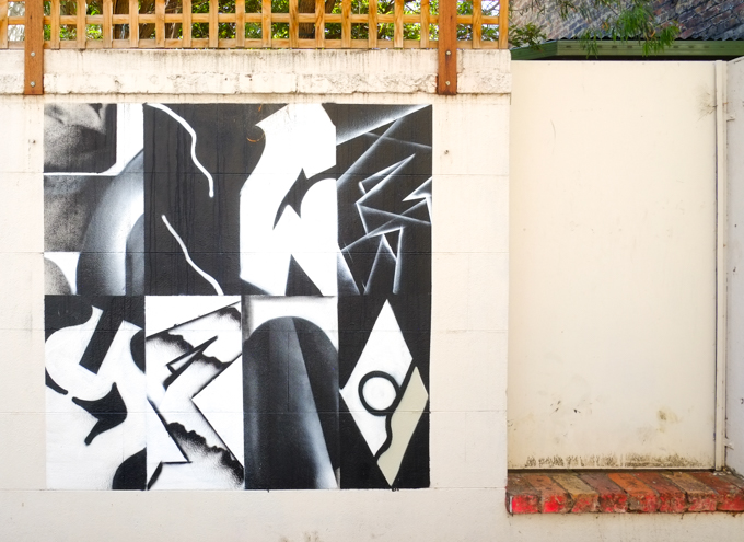 part of encrypto project number two,black and white abstract paintings on a wall in Abbotsford, by URSH, Brody X, Fikaris, and Baxter