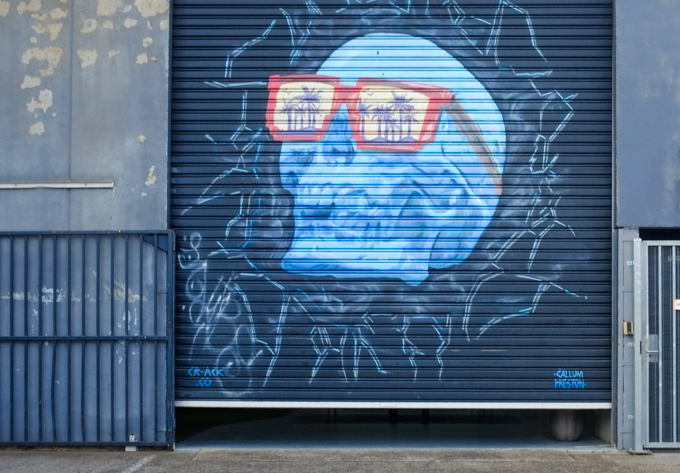 blue skull wearing red glasses with images of palm trees in the lenses, by Callum Preston