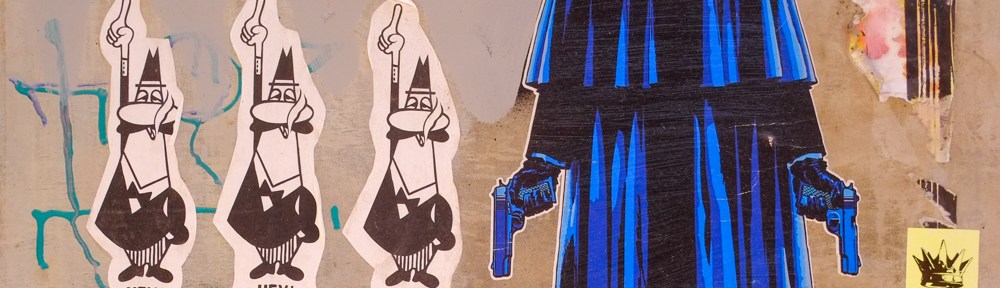 stencil, paste up street art of 3 men saying hey time for coffee