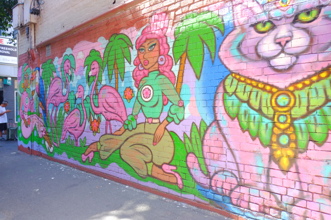 mural by Deb in Rankins Lane, very pink, women, toucan, and flamingos, tropical plants