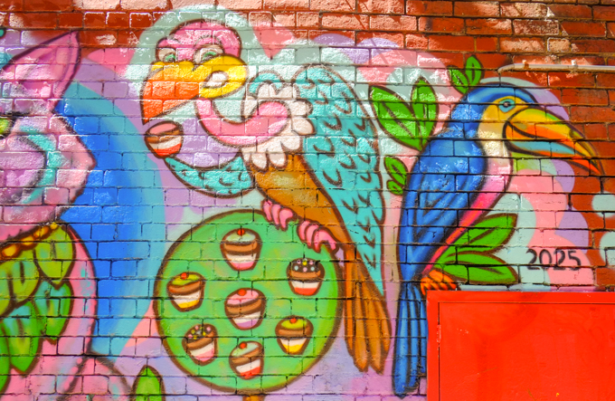mural by Deb, a vulture and a plate of cupcakes
