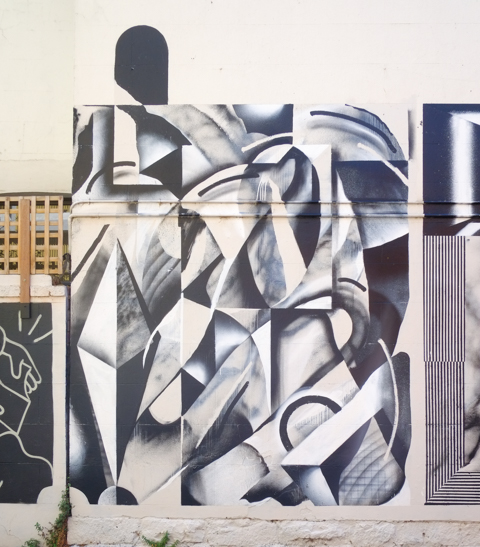 part of encrypto project number two,black and white abstract paintings on a wall in Abbotsford, by URSH, Brody X, Fikaris, and Baxter