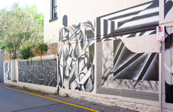 encrypto project number two,black and white abstract paintings on a wall in Abbotsford, by URSH, Brody X, Fikaris, and Baxter