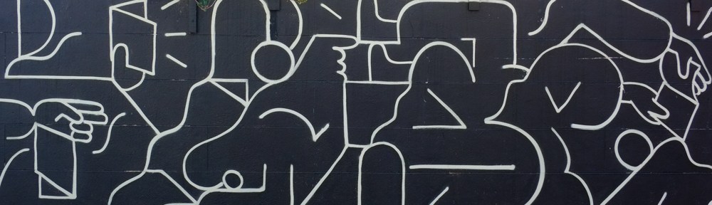 one of the paintings in encrypto project number 2, horizontal black with white line stylized drawings of people