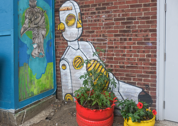two graffiti aintings, beside a red and a yellow planter with plants, petunis and tomatoes.  A white character by Pixel Pancho, white metal, yellow features, sitting on the ground, behind him a bird with a long neck, peacock? or maybe vulture?