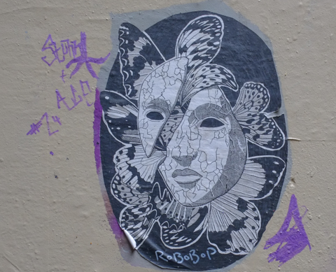 Robert Scholten ink drawing of a face or mask in two pieces