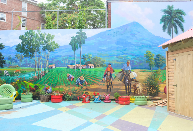 mural, rural scene, workmen in fields, palm trees, mountain in the distance, two men on horses on dirt road, a couple of dogs, painted by Rigo Peralta, Melanio Guzmán​, and Ramón Santiago