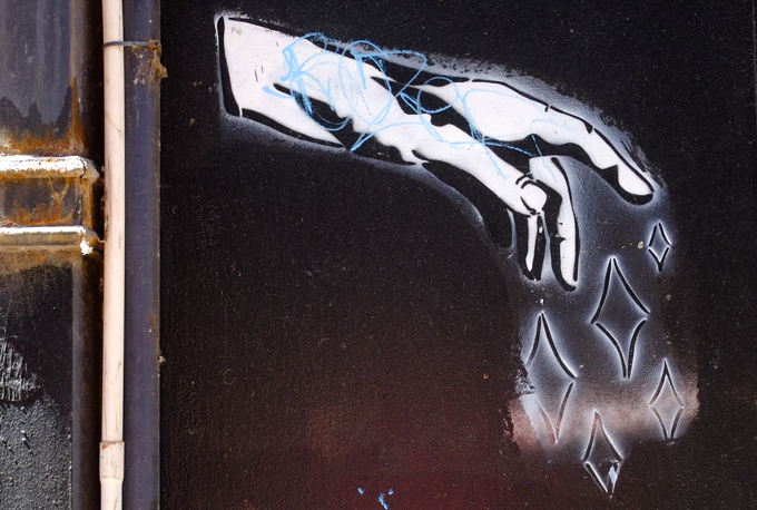 street art in Warburton Lane, Melbourne, black and white, handful of dropping diamonds