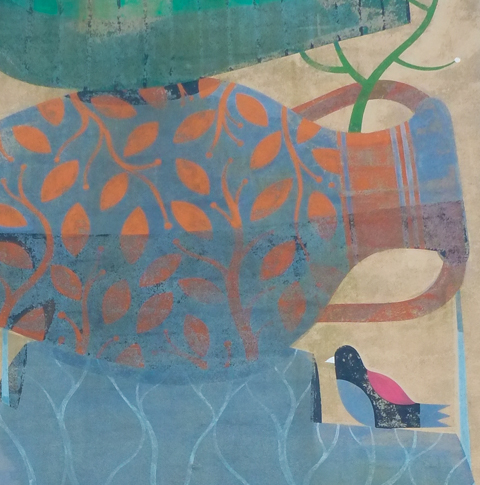 close up of part of a large mural by Agostino Iacurci of 4 different pottery jugs on their side, in a stack, along with three little birds, in Ragusa Italy