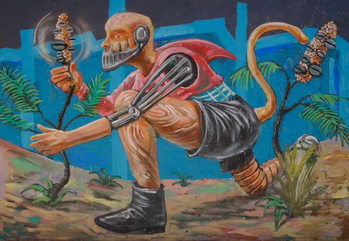 street art mural, man walking on all fours, with a tail, with some body parts made of mechanics