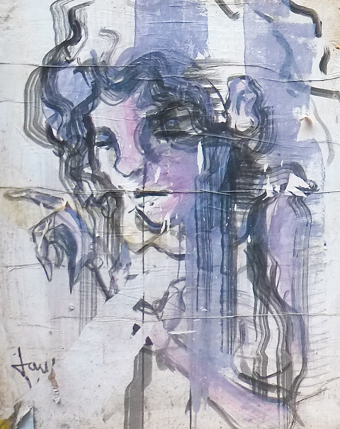 watercolour painting portrait of a woman in purple and back