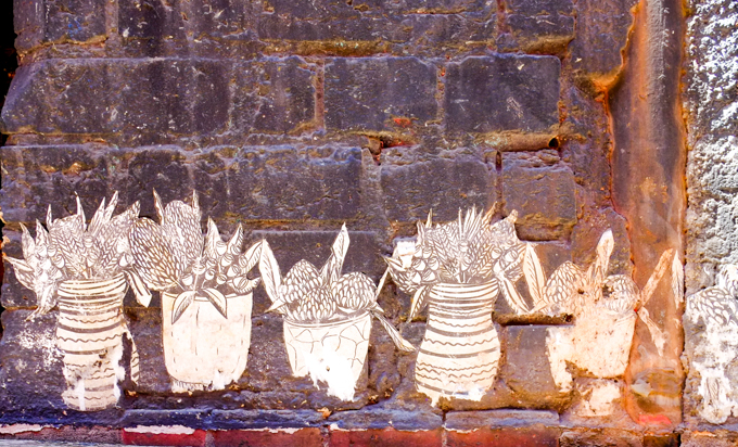 black and white paste ups, line drawings of plants in pots, old and weathered