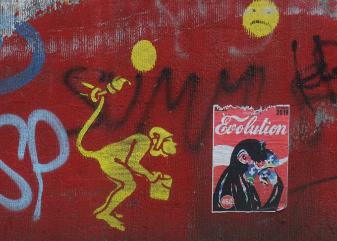 graffiti on a red wall - yellow stencil of a monkey holding a paint brush with his tail and a bucket in his hands, beside a paste up that says evolution in the same font as used by coca cola